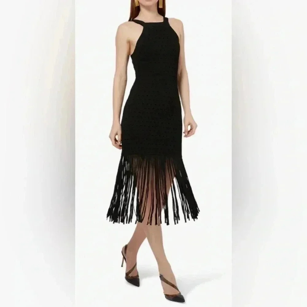 Sandro black wedding prom fringe flapper knitted  crochet strappy dress 38